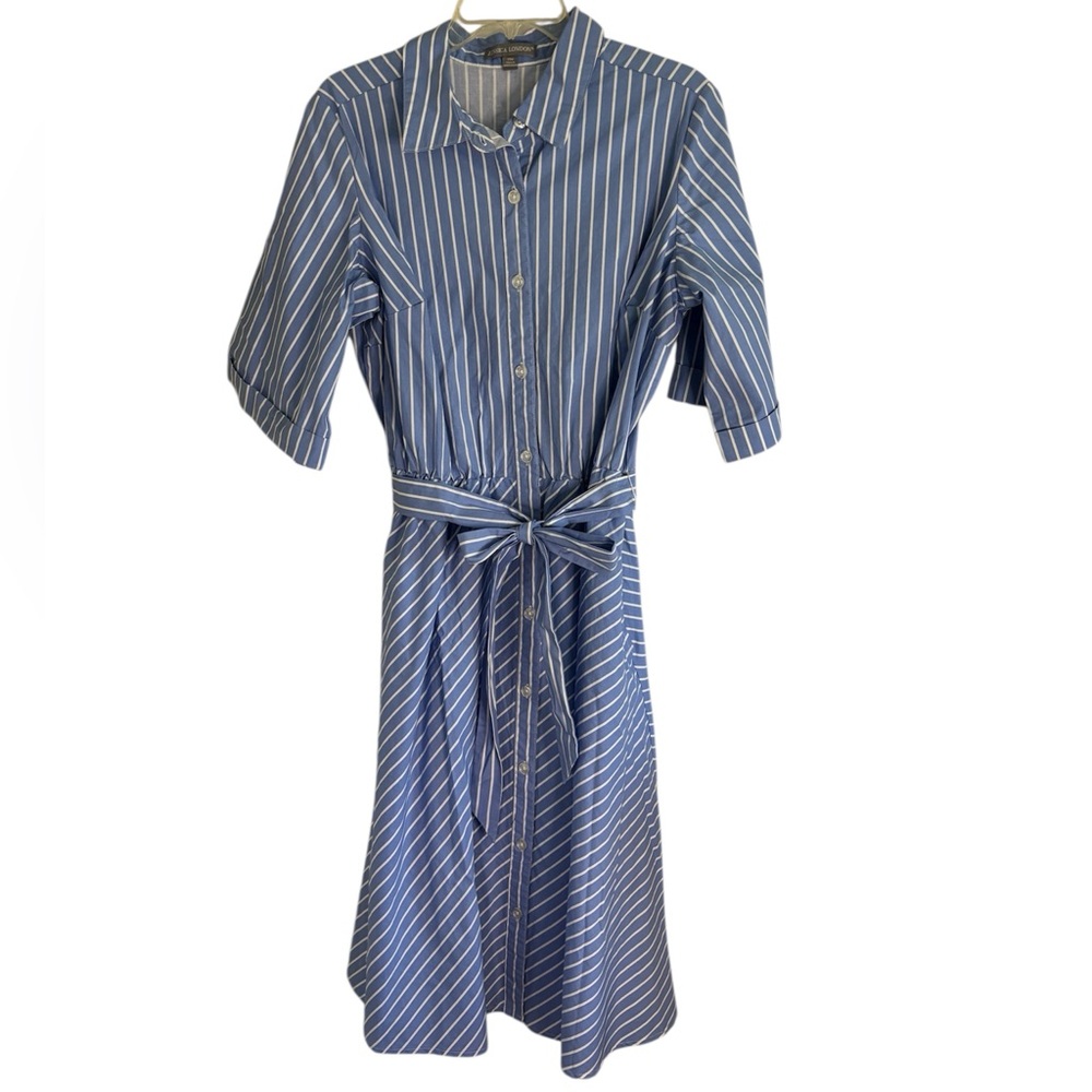 🎒BTS SALE📚 Jessica London Blue Striped Stretch Poplin Shirt Dress w/ Pockets, [S